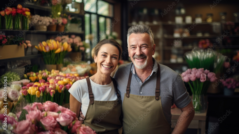 Flower shop couple business owner smile at shop Flower shop couple business owner smile at shop
