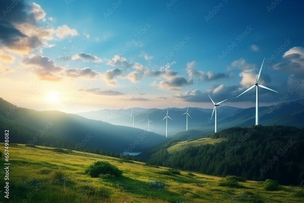 Wind turbine eco farm on evening mountain landscape. Wind power turbines generating renewable energy for sustainable development. Generative AI