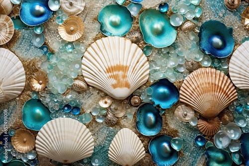 Background of seashells in a marine style, sea patterns and sea-colored corals.