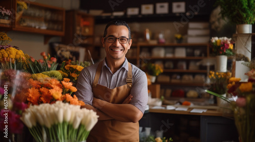 Flower shop man business owner smile at shop