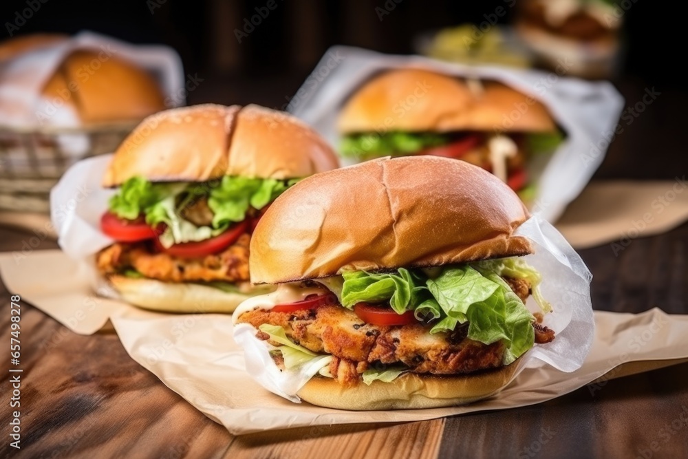 view of crispy fried chicken burgers within a paper wrapping - obrazy, fototapety, plakaty 