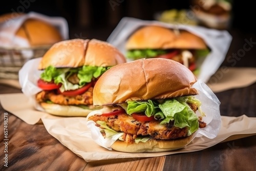 view of crispy fried chicken burgers within a paper wrapping photo