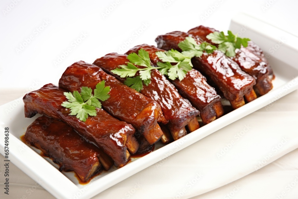 glazed pork ribs on a white rectangular platter