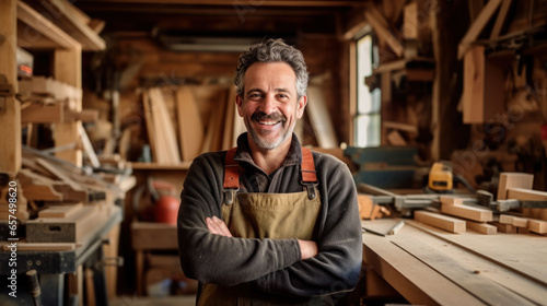 The owner of a small carpentry business smiled happily at work © EmmaStock