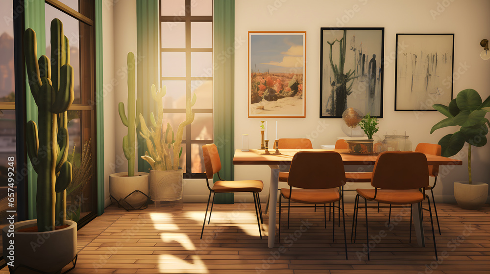 A dining room with a table and chairs and a cactus