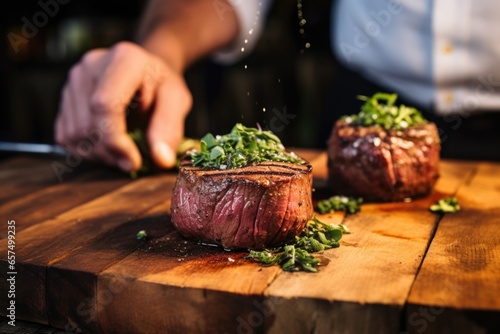 hand garnishing freshly grilled filet mignon with herbs photo