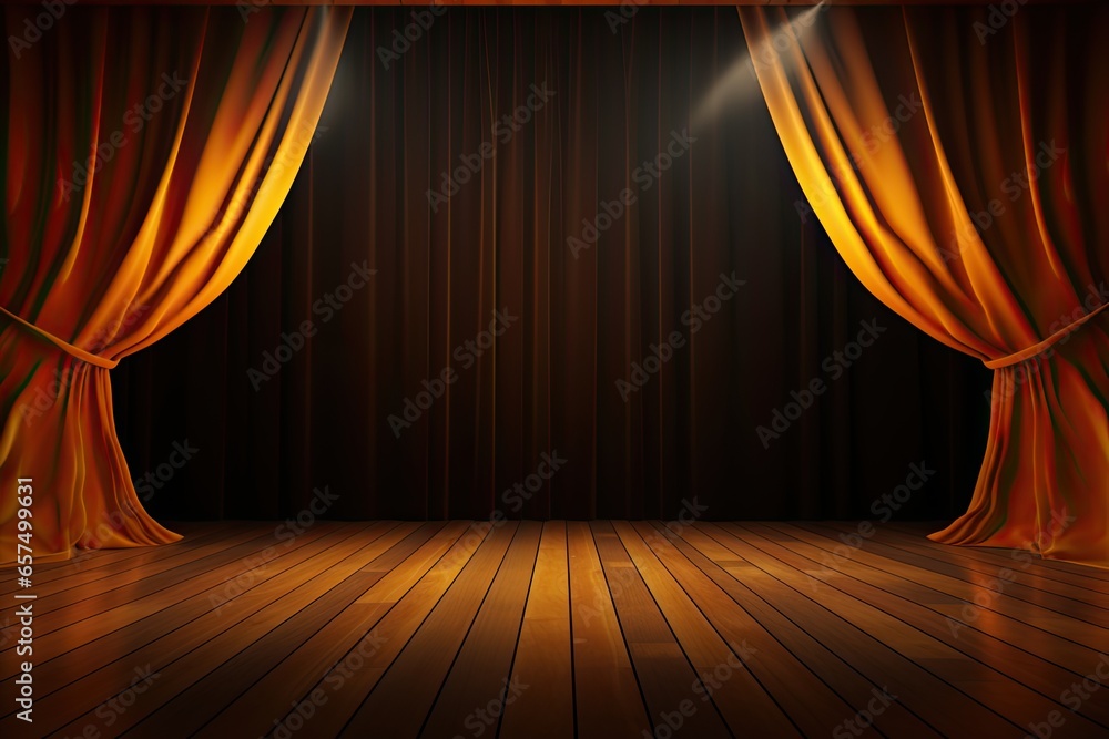 opened orange stage curtain with wooden floor - obrazy, fototapety, plakaty 