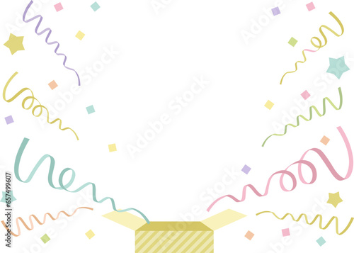 プレゼント箱からリボンと紙吹雪が飛び出すフレームイラスト　くすみカラー　ニュアンスカラー　キェんペーン