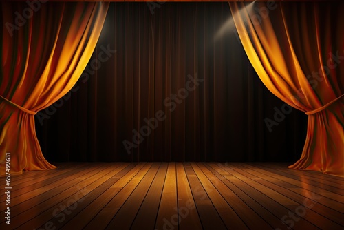 opened orange stage curtain with wooden floor