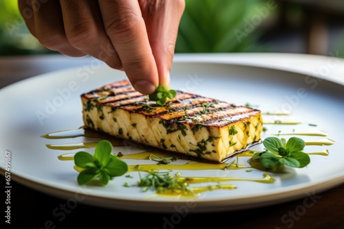 hand garnishing grilled tofu steak with herbs on a plate photo
