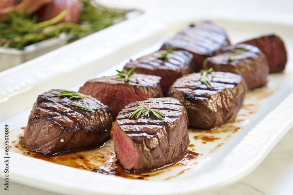 grilled venison steaks on a white ceramic platter grilled venison steaks on a white ceramic platter