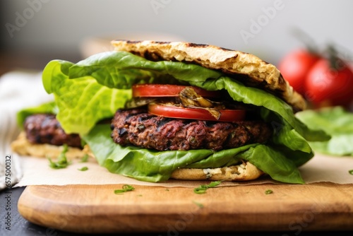 grilled veggie burger sandwiched by lettuce leaves