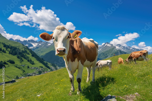 spotted cow grazes in a mountain valley on green grass against a blue sky