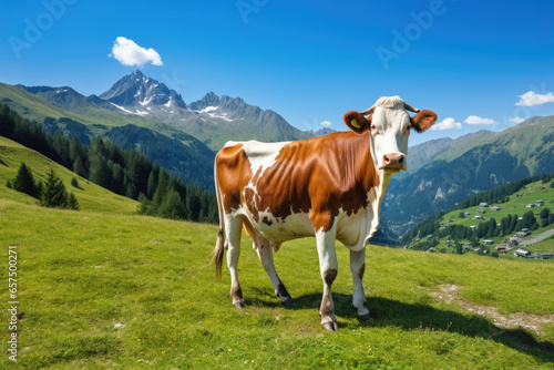 spotted cow grazes in a mountain valley on green grass against a blue sky