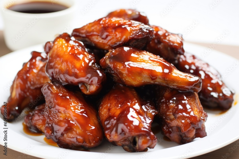 a close-up of honey bbq chicken wings on a white plate