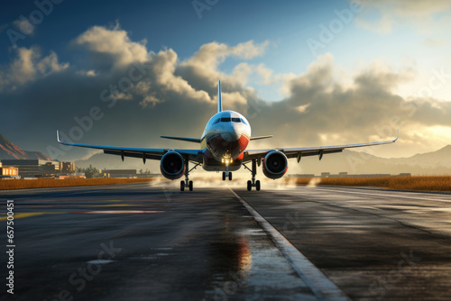 Passengers airplane landing to airport runway against sunset background