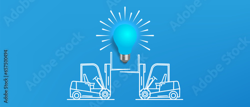 Hand drawn vector warehouse small forklifts with raised forks. 3d glowing blue light bulb. New idea. Warehouses and logistics.