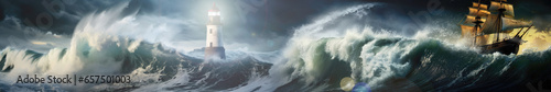 Stormy ocean panorama with lighthouse and sailing ship