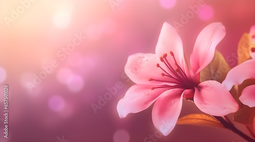 Beautiful pink flower with blurred background using as cover page natural flora wallpaper or template brochure landing page design. Copy space layout design. © Nilla