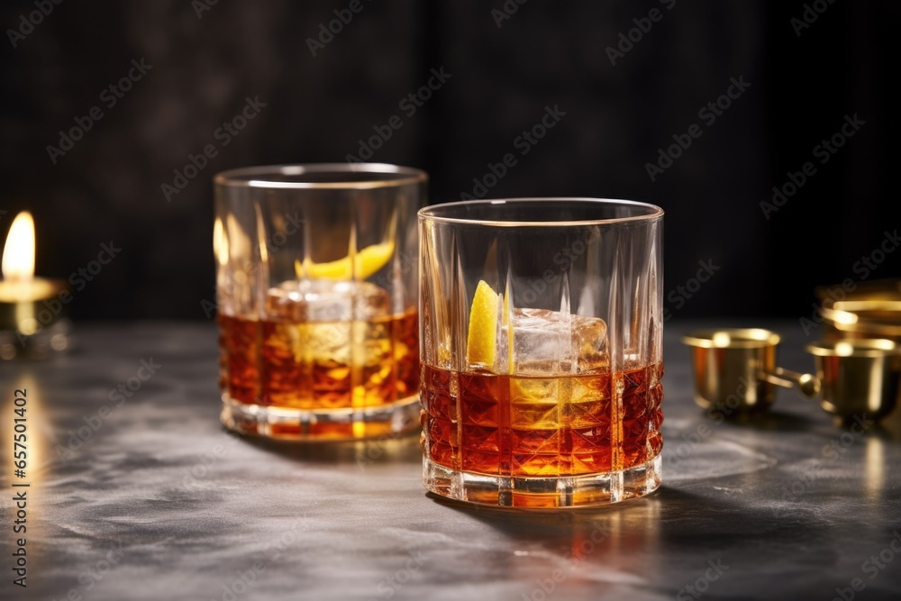two manhattan cocktails clinking together two manhattan cocktails clinking together
