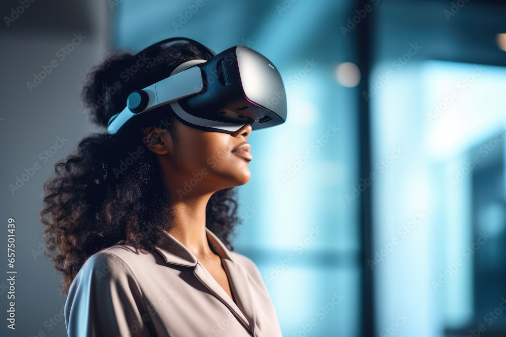 Female coder with a VR headset - Immersive technology programming - AI Generated Female coder with a VR headset - Immersive technology programming - AI Generated
