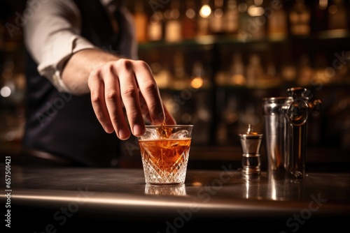 image of a hand setting a manhattan cocktail on a bar counter