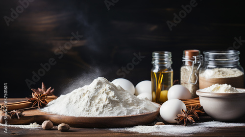 Flatlay collection of tools and ingredients for home baking on a dark wooden table with flour copyspace in the center shot from above