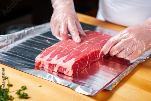 hand wrapping raw pork belly in aluminum foil photo