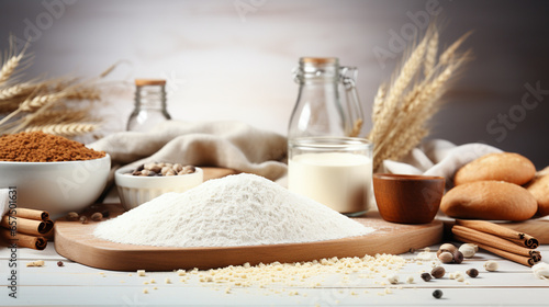 Ingredients for cooking bread or cookies: oat bran, flour, eggs, spices on rustic wooden background. Healthy food concept. Food background. Top view with copy space for text