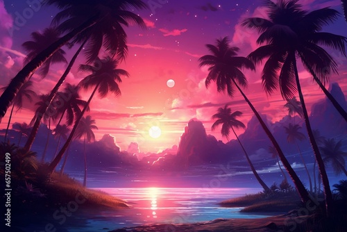 A stunning landscape with tropical palm trees under vibrant pink and purple skies. Generative AI