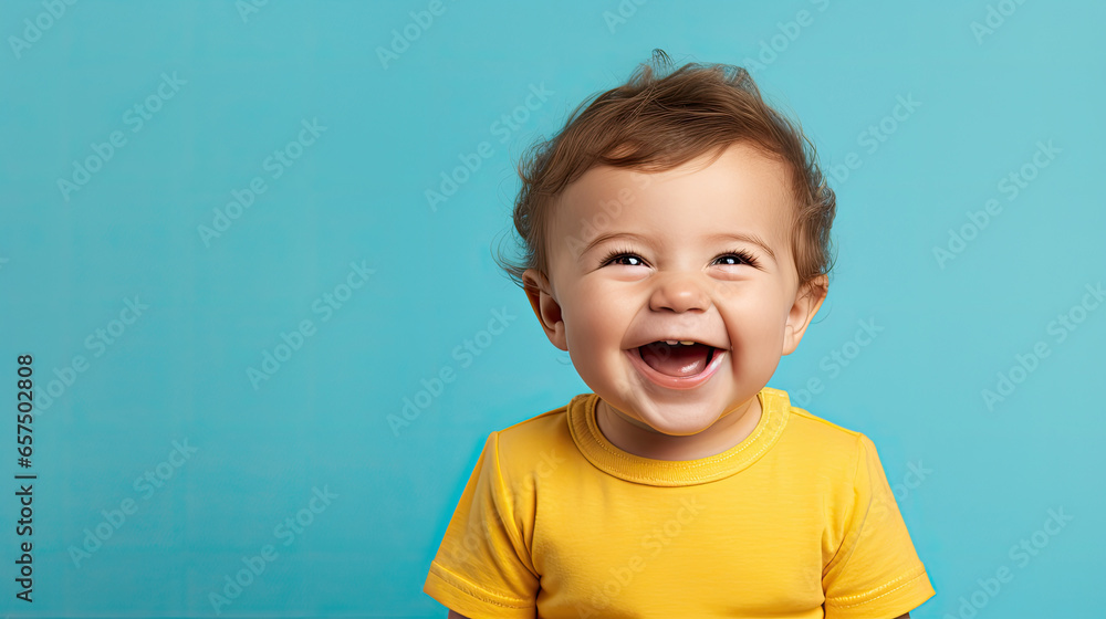 Fototapeta premium Happy baby on blue background