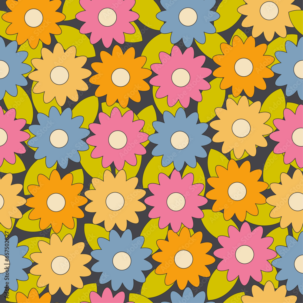 Seamless vector pattern with colorful groovy daisy flowers.Y2k aesthetic.Groovy 70s seamless patterns with daisy flowers.Hippy texture for wrapping paper,surface design, textile print.