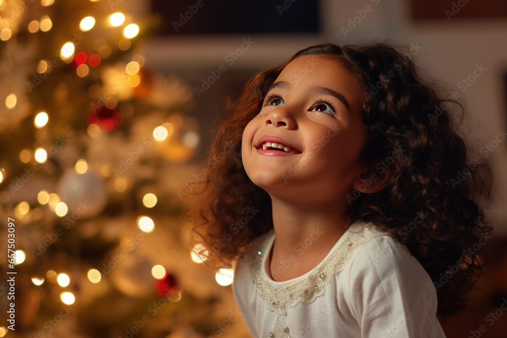 Portrait of girl looking up at Christmas tree. Winter holidays and people concept. Merry Christmas and Happy New Year. Portrait of girl looking up at Christmas tree. Winter holidays and people concept. Merry Christmas and Happy New Year.