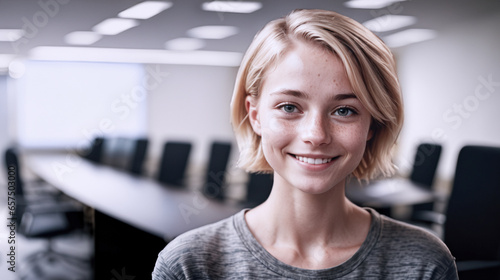 primo piano con volto di giovane donna sorridente in ambiente lavorativo, sala riunioni, ufficio come sfondo, sguardo verso l'osservatore photo