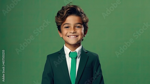 Handsome kid with suit on green background