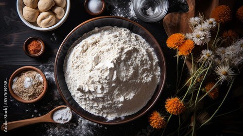 Bowl with buckwheat flour on table