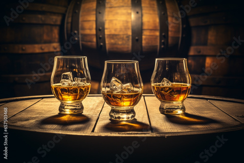 whisky glasses on wooden tray sitting in front of wooden barrel