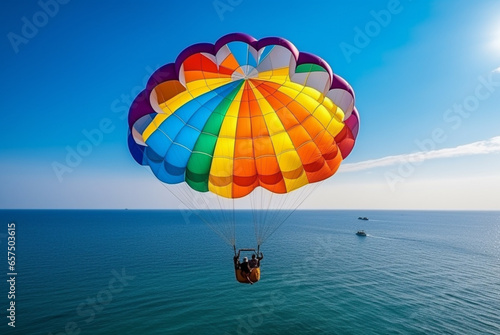 a big colorful parachute, in the style of calm waters