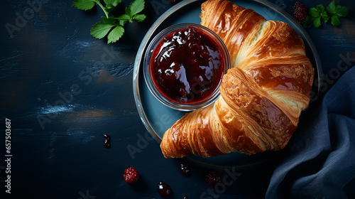 French croissant. Freshly baked croissants with jam on dark stone background with coffe. Tasty croissants with copy space.