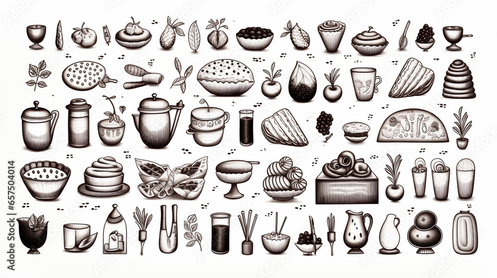 hand drawn set with kitchen utensils: teapot, brewer, bottle, oil, toaster, dripping pan, spoon hand drawn set with kitchen utensils: teapot, brewer, bottle, oil, toaster, dripping pan, spoon