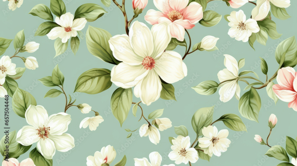 classic wallpaper seamless vintage flower pattern on green pastel background generative ai