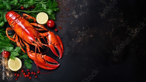 Big lobster with ingredients for dark background