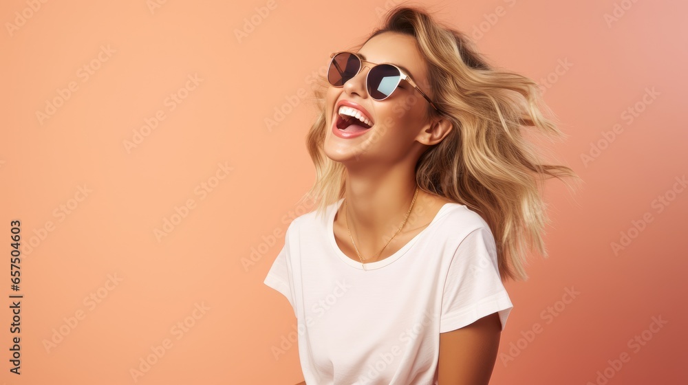 Fototapeta premium Woman laughing with sunglasses on studio