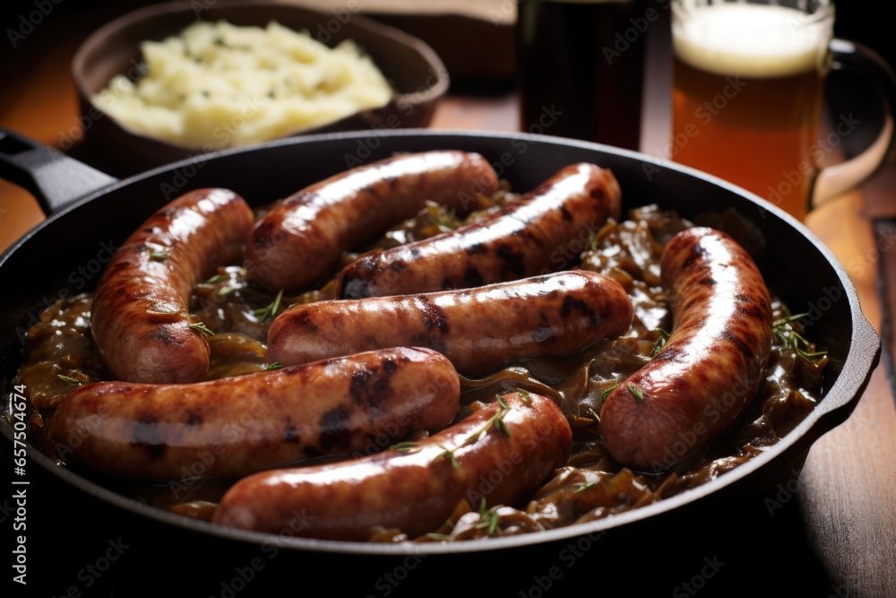 stout beer onion sauce slathered on rows of cooking sausages stout beer onion sauce slathered on rows of cooking sausages
