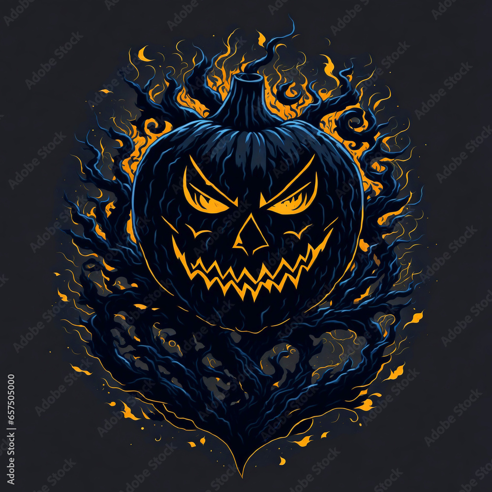 Illustration of a Halloween Holiday Theme with Scary Pumpkin and Autumn Leaves on Dark Background. Spooky Season Design for Greeting Card, Flyer, Banner, Poster or Party Invitation. Illustration of a Halloween Holiday Theme with Scary Pumpkin and Autumn Leaves on Dark Background. Spooky Season Design for Greeting Card, Flyer, Banner, Poster or Party Invitation.
