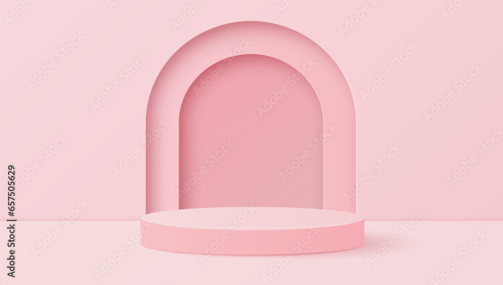 Minimal scene with pink color cylinder podium for product presentation, mock up, show cosmetic. Vector illustration