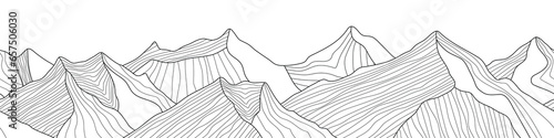 Black and white mountain line arts wallpaper, seamless border, imitation of mountain ranges, vector background, minimalism 
