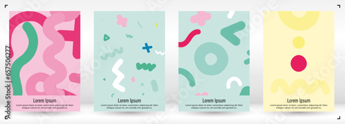 Abstract Minimal Vector Background in Trendy Doodle Style.   Vibrant Graphic Print with Dynamic Lines and Geometric Shapes.  Set of Vivid Poster 80s - 90s Design for Landing Page, Cover, Brochure.