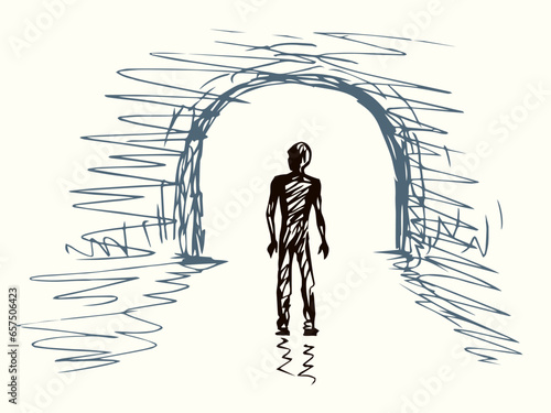 A man walks in a tunnel. Vector drawing