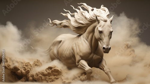 Mythical horse sculpture made from brown bronze clay depicting a legendary stallion that runs in a desert only when a huge sand storm appears.  photo